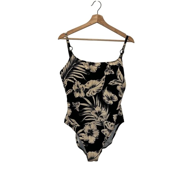 Leilani Black Floral Print One-Piece Adjustable Straps & Ring Accents Women's Sw - Picture 1 of 9